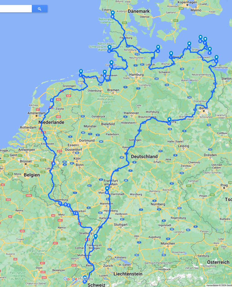 Eine Karte, die eine Route durch Teile Europas zeigt, die in Bern in der Schweiz beginnt, durch Deutschland an Städten wie Köln und Stuttgart vorbeiführt und im Anschluss an die Ostsee und die Nordsee führt, und via die Niederlande, Belgien und Luxemburg zurück zum Ausgangspunkt in Bern, Schweiz führt.