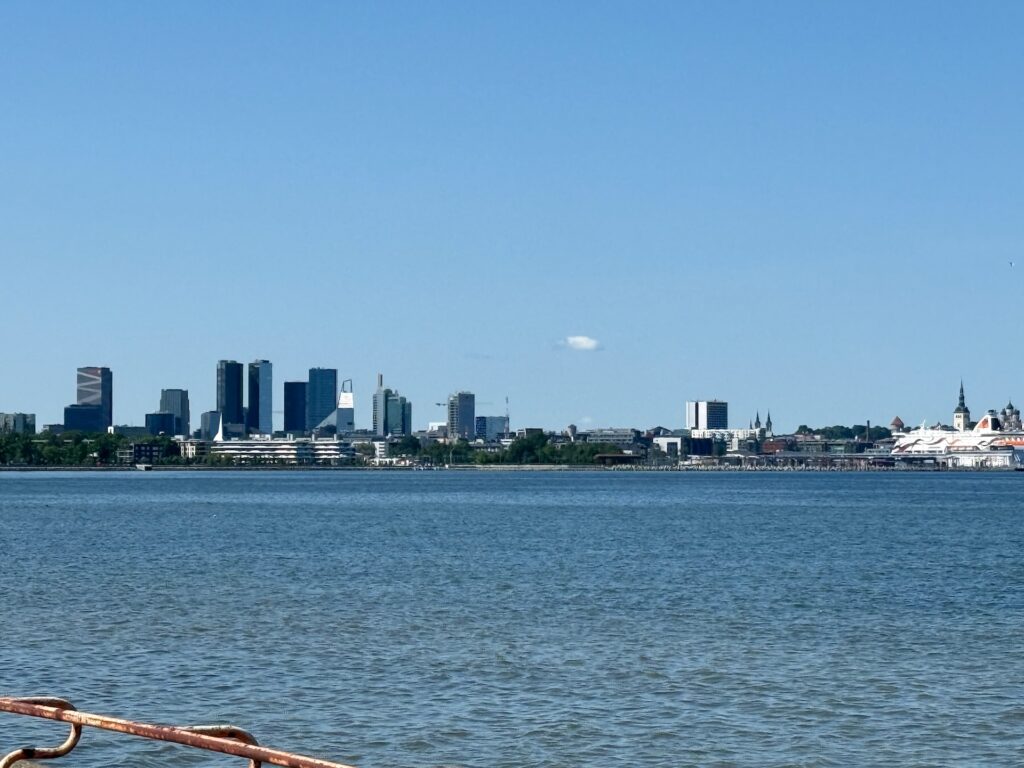 Stadtsilhouette mit modernen Gebäuden und Kirchtürmen über einem Gewässer unter einem klaren blauen Himmel; im Vordergrund ist ein rostiges Metallgeländer zu sehen.