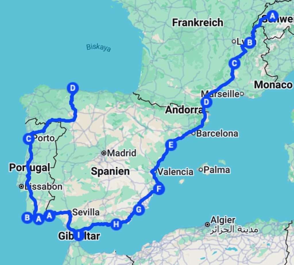 Screenshot Eine Karte von Westeuropa zeigt eine Reiseroute, die in Belgien beginnt, durch Frankreich, Monaco, Spanien und Portugal führt, eine Schleife durch Gibraltar und Südspanien macht und wieder nach Norden zurückkehrt. Die wichtigsten Städte sind markiert.