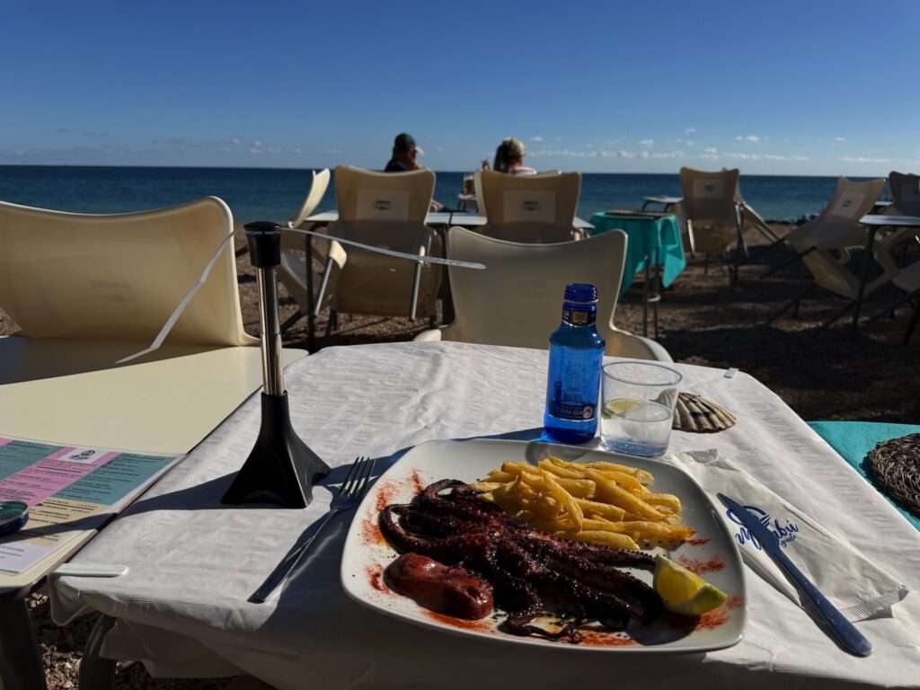 Algarve 2025-26 – 24 Ein Teller mit gegrilltem Oktopus, Pommes frites und einer Zitronenspalte steht auf einem Tisch mit Blick auf den Strand, eine Flasche Wasser in der Nähe und Menschen, die mit Blick auf das Meer im Hintergrund unter einem klaren blauen Himmel sitzen.