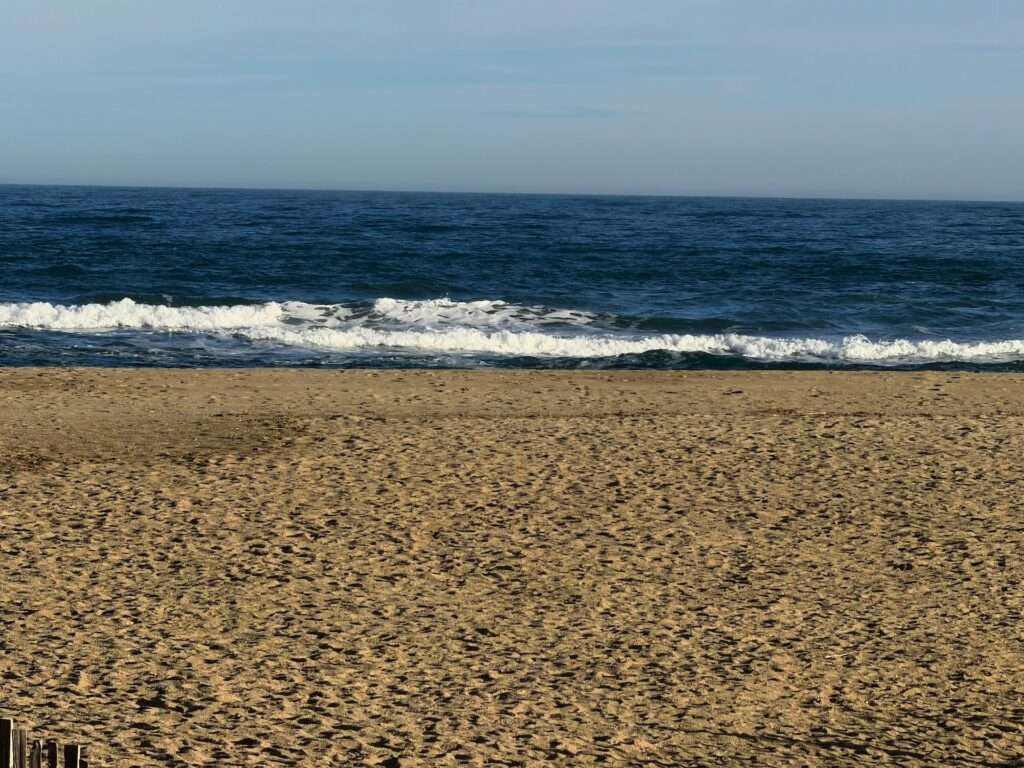 Algarve 2025-26 – 5 Ein Sandstrand erstreckt sich in Richtung der sanften Wellen des blauen Ozeans unter einem klaren Himmel. Im Vordergrund auf der linken Seite ist ein niedriger Holzzaun zu sehen.
